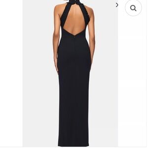 Xscape halter plunge black gown with front slit and backless